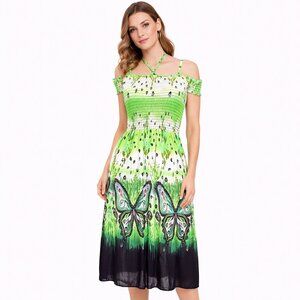 Carnival summer strap back out shirring bodice green dress Size: M
